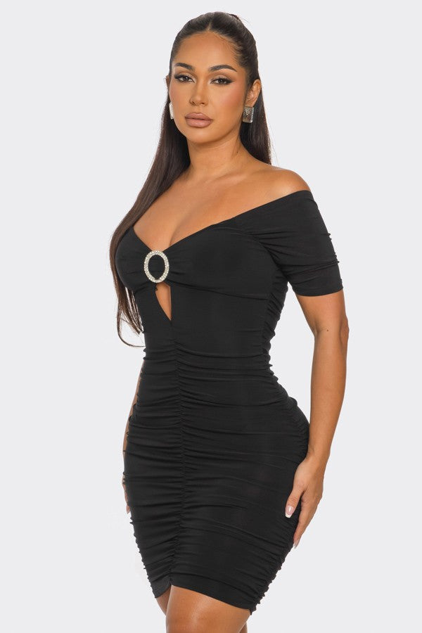 BLACK O-RING CUTOUT HALF SLEEVES OFF-SHOULDER  MINI DRESS SP9659D