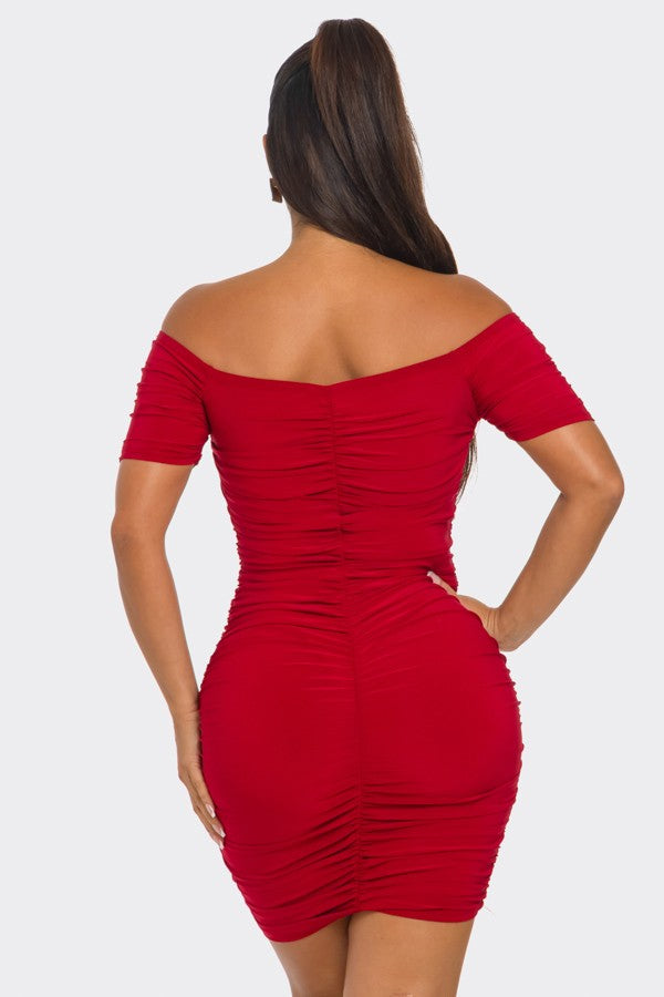 RED O-RING CUTOUT HALF SLEEVES OFF-SHOULDER  MINI DRESS SP9659D