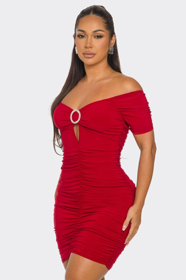 RED O-RING CUTOUT HALF SLEEVES OFF-SHOULDER  MINI DRESS SP9659D