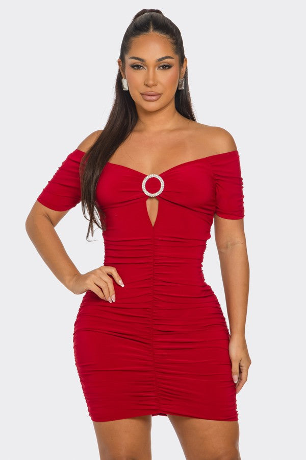 RED O-RING CUTOUT HALF SLEEVES OFF-SHOULDER  MINI DRESS SP9659D