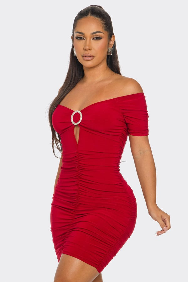 RED O-RING CUTOUT HALF SLEEVES OFF-SHOULDER  MINI DRESS SP9659D