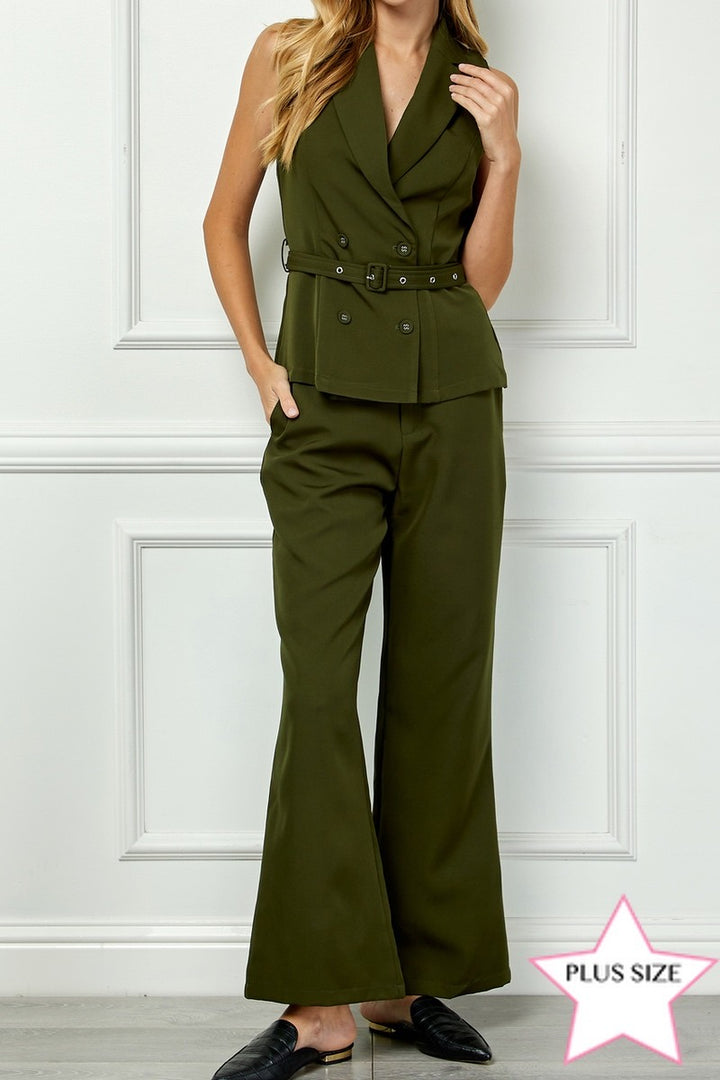 OLIVE SLEEVELESS DOUBLE BREAST VEST AND PLUS SIZE PANTS SET AVV51146X