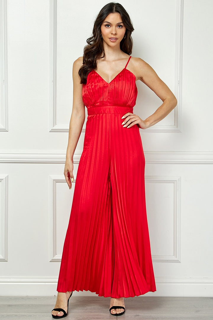 RED SATIN SPAGHETTI STRAP PLEATED WIDE LEG JUMPSUIT AVJ51891W