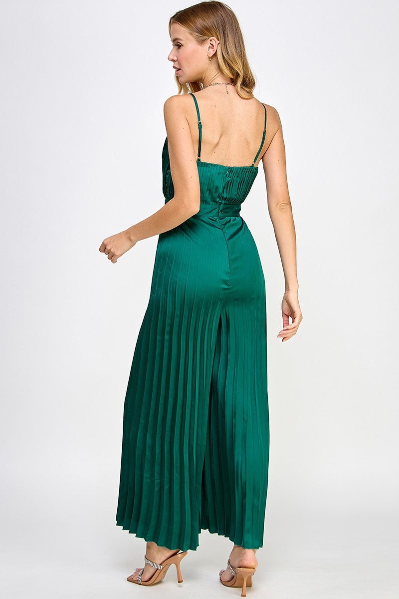 HUNTER GREEN SATIN SPAGHETTI STRAP PLEATED WIDE LEG JUMPSUIT AVJ51891W