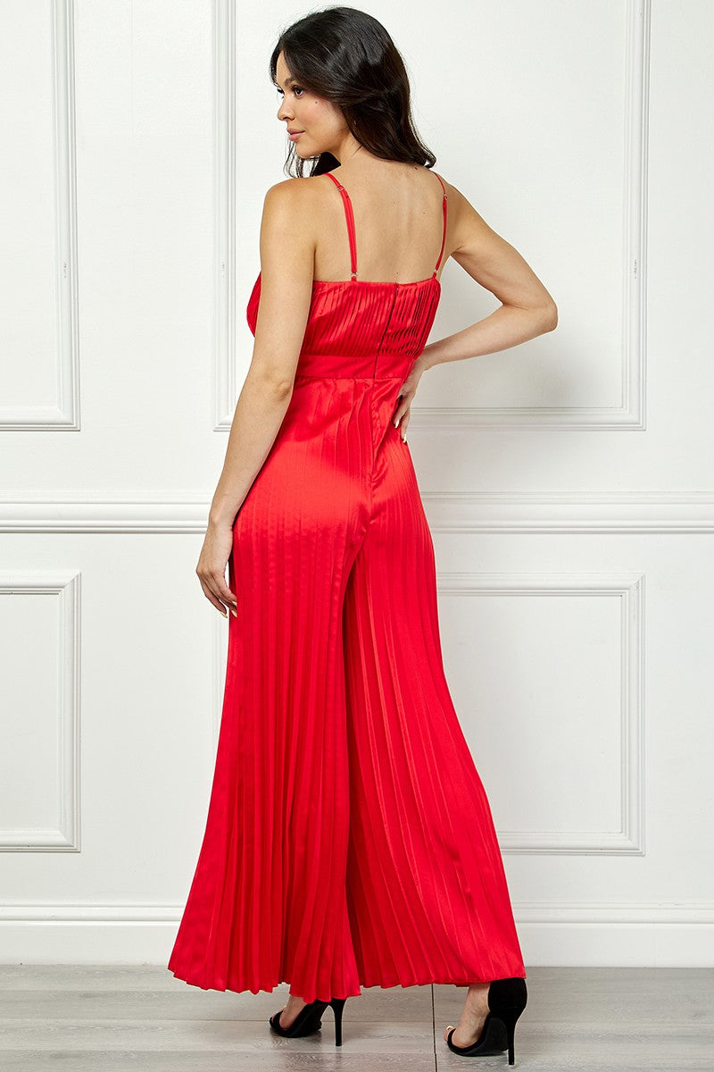 RED SATIN SPAGHETTI STRAP PLEATED WIDE LEG JUMPSUIT AVJ51891W