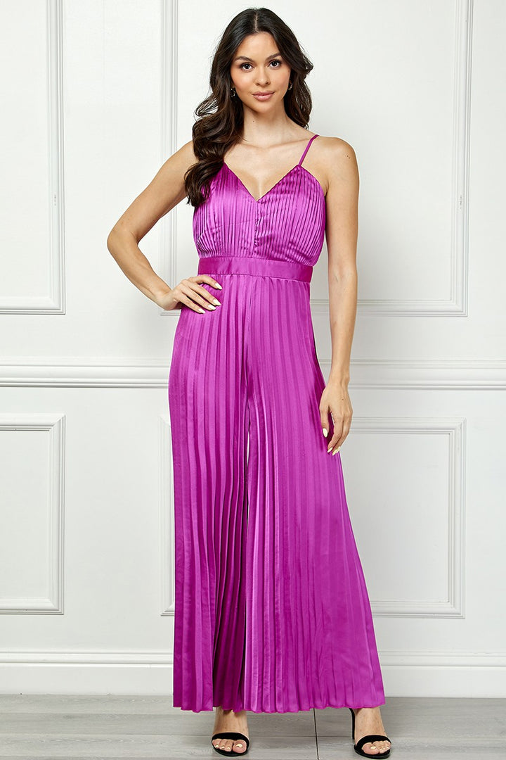 PLUM SATIN SPAGHETTI STRAP PLEATED WIDE LEG JUMPSUIT AVJ51891W