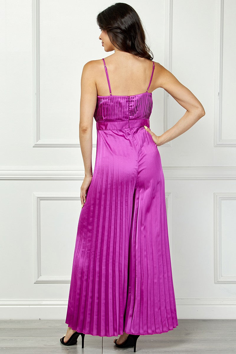 PLUM SATIN SPAGHETTI STRAP PLEATED WIDE LEG JUMPSUIT AVJ51891W