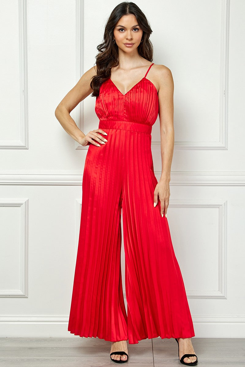 RED SATIN SPAGHETTI STRAP PLEATED WIDE LEG JUMPSUIT AVJ51891W