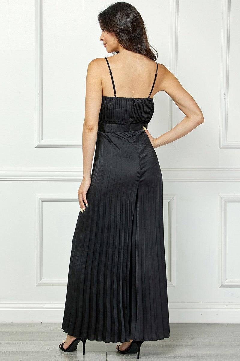 BLACK SATIN SPAGHETTI STRAP PLEATED WIDE LEG JUMPSUIT AVJ51891W