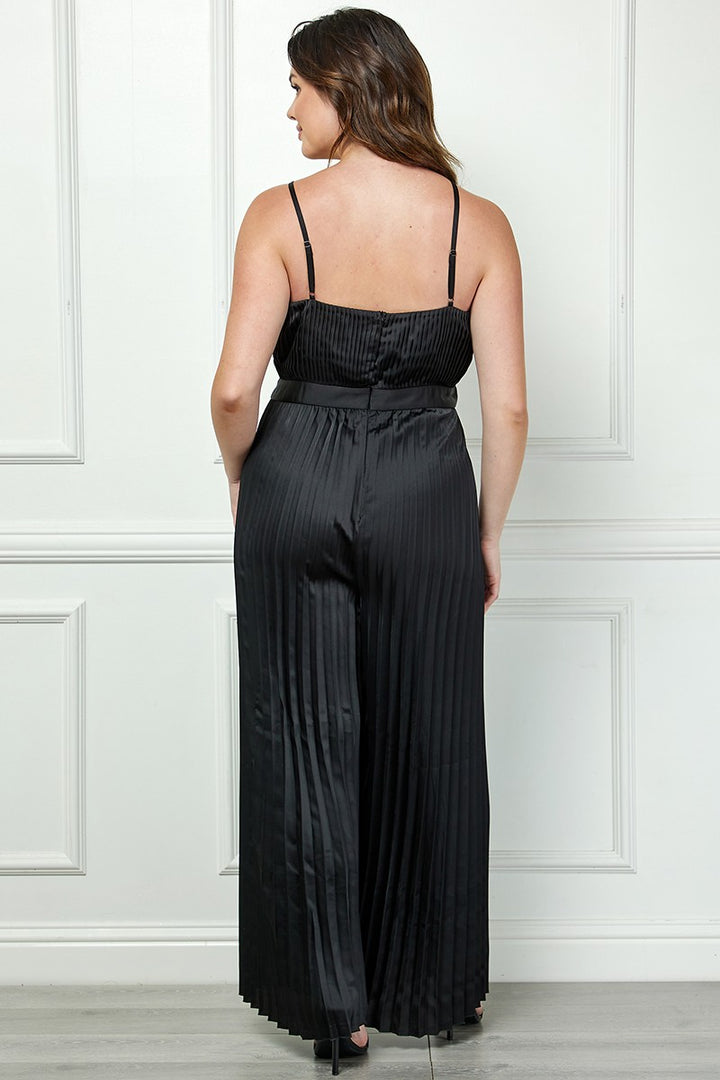 BLACK SATIN SPAGHETTI STRAP PLEATED WIDE LEG PLUS SIZE JUMPSUIT AVJ51891WX