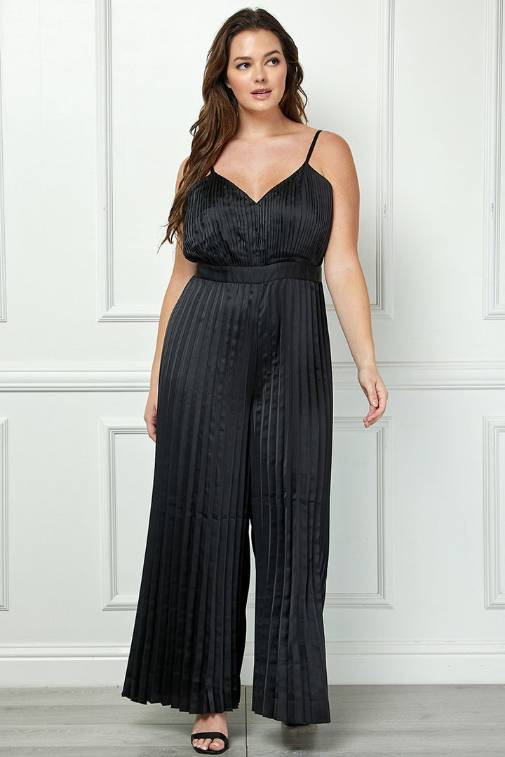 BLACK SATIN SPAGHETTI STRAP PLEATED WIDE LEG PLUS SIZE JUMPSUIT AVJ51891WX