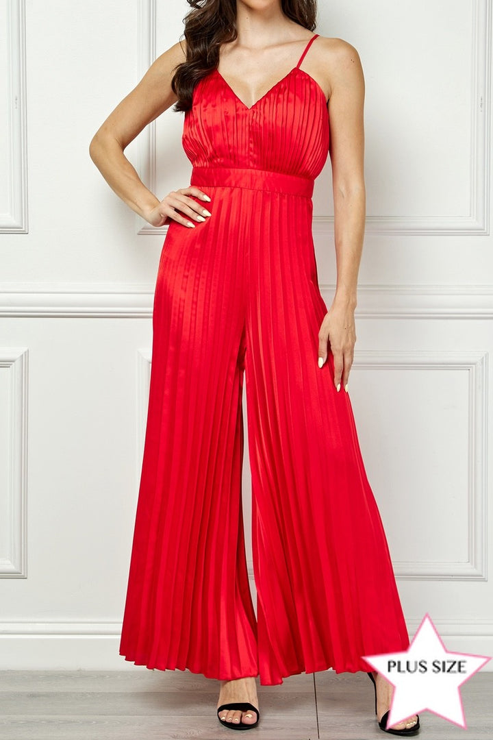 RED SATIN SPAGHETTI STRAP PLEATED WIDE LEG PLUS SIZE JUMPSUIT AVJ51891WX