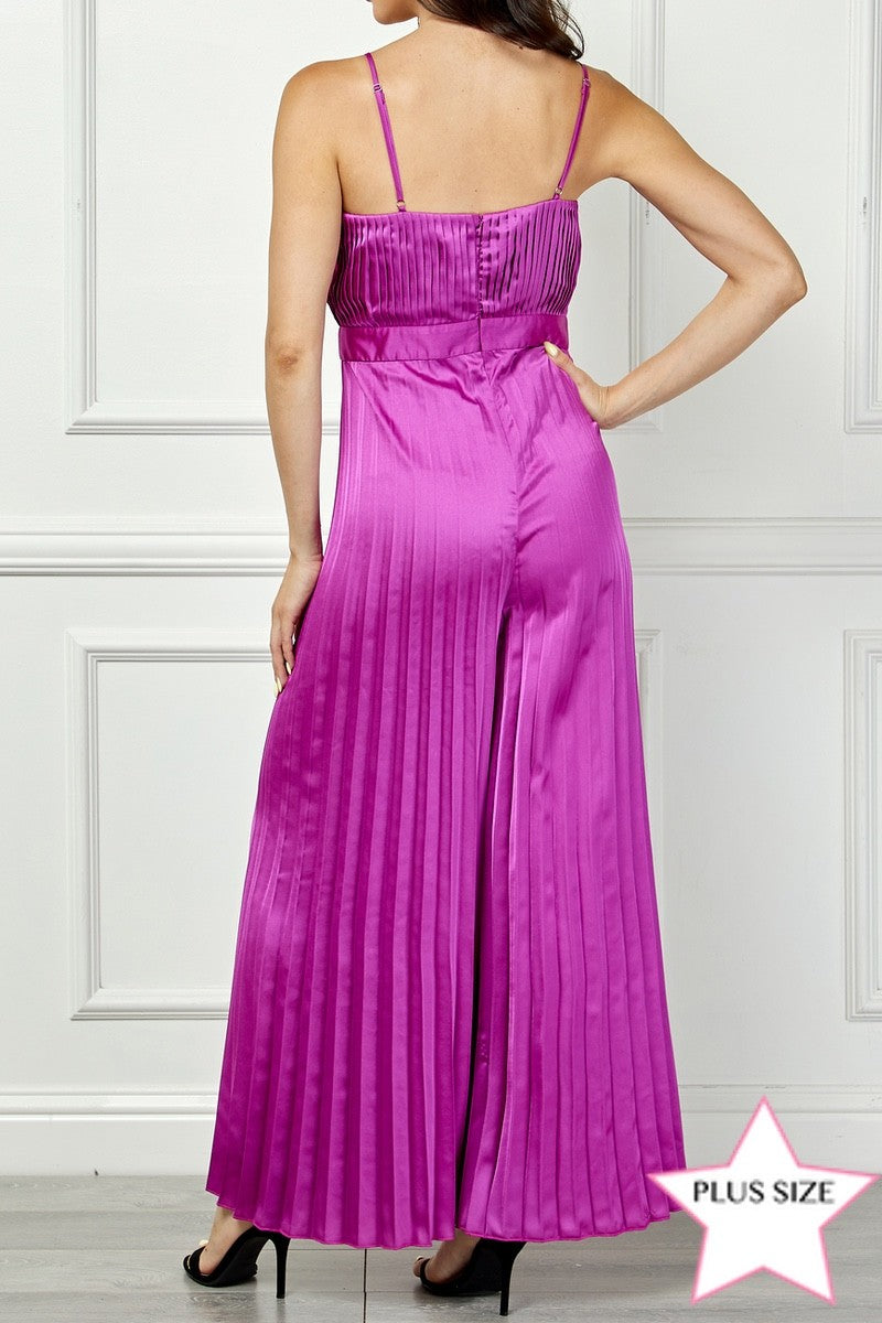 PLUM SATIN SPAGHETTI STRAP PLEATED WIDE LEG PLUS SIZE JUMPSUIT AVJ51891WX