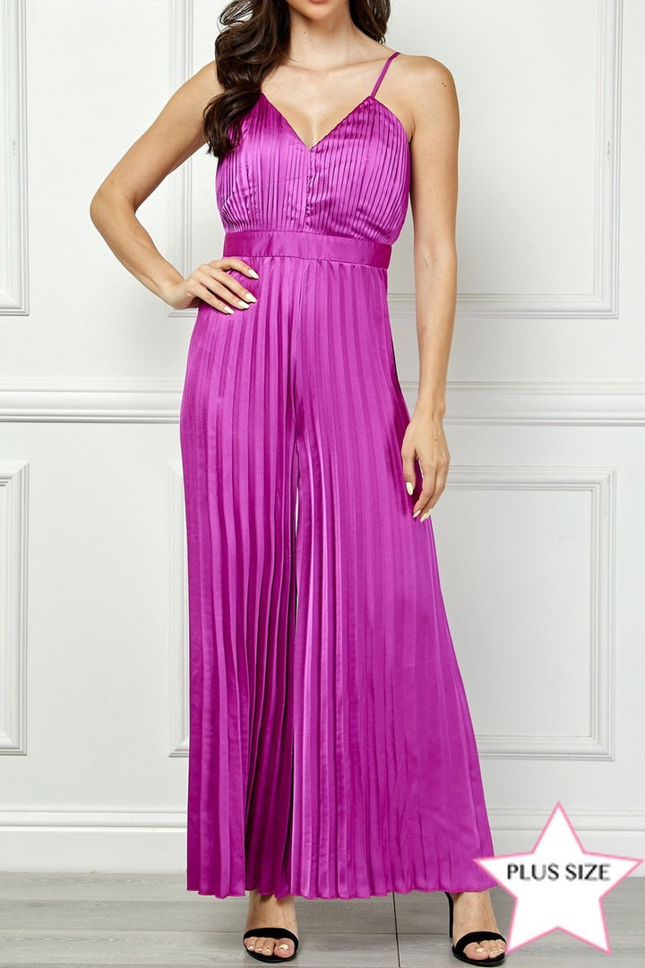 PLUM SATIN SPAGHETTI STRAP PLEATED WIDE LEG PLUS SIZE JUMPSUIT AVJ51891WX