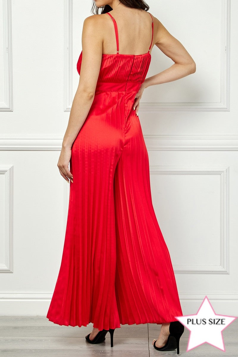 RED SATIN SPAGHETTI STRAP PLEATED WIDE LEG PLUS SIZE JUMPSUIT AVJ51891WX