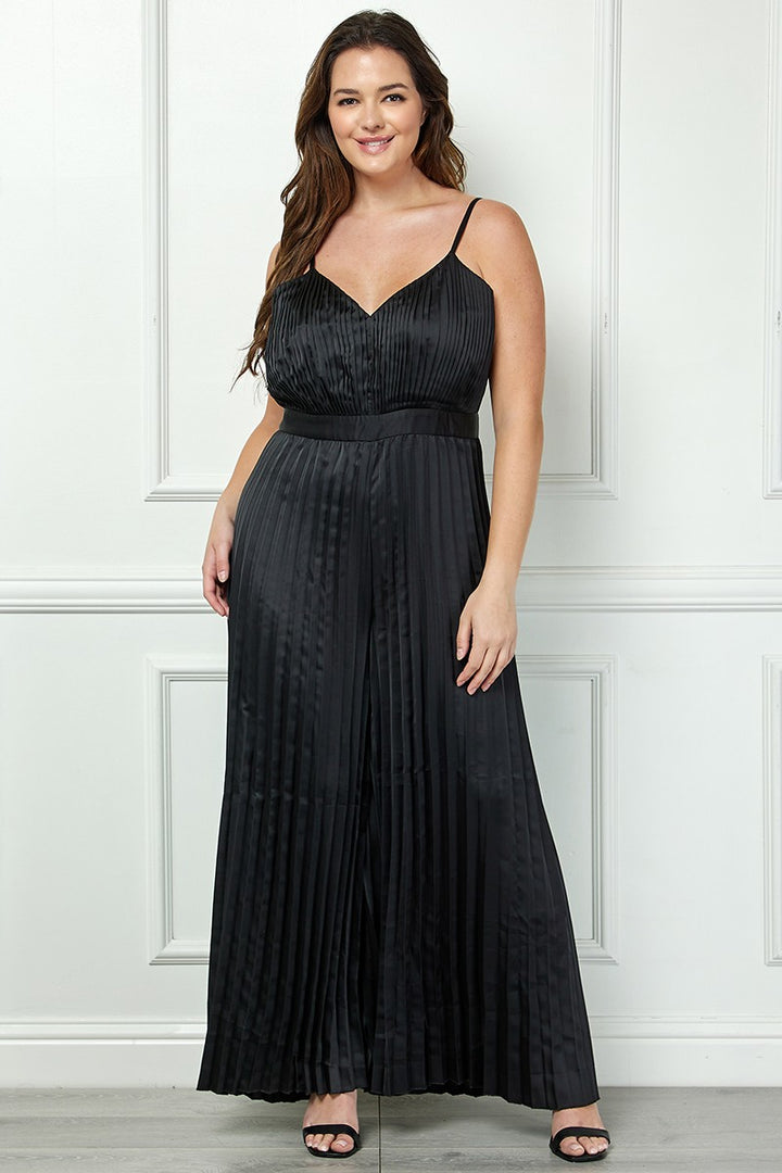 BLACK SATIN SPAGHETTI STRAP PLEATED WIDE LEG PLUS SIZE JUMPSUIT AVJ51891WX