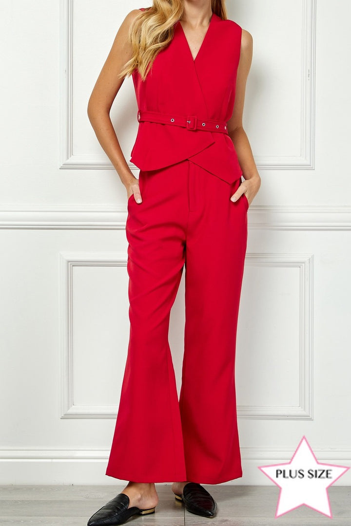 RED SLEEVELESS BELTED VEST AND PANTS PLUS SIZE SET AVV51151WX