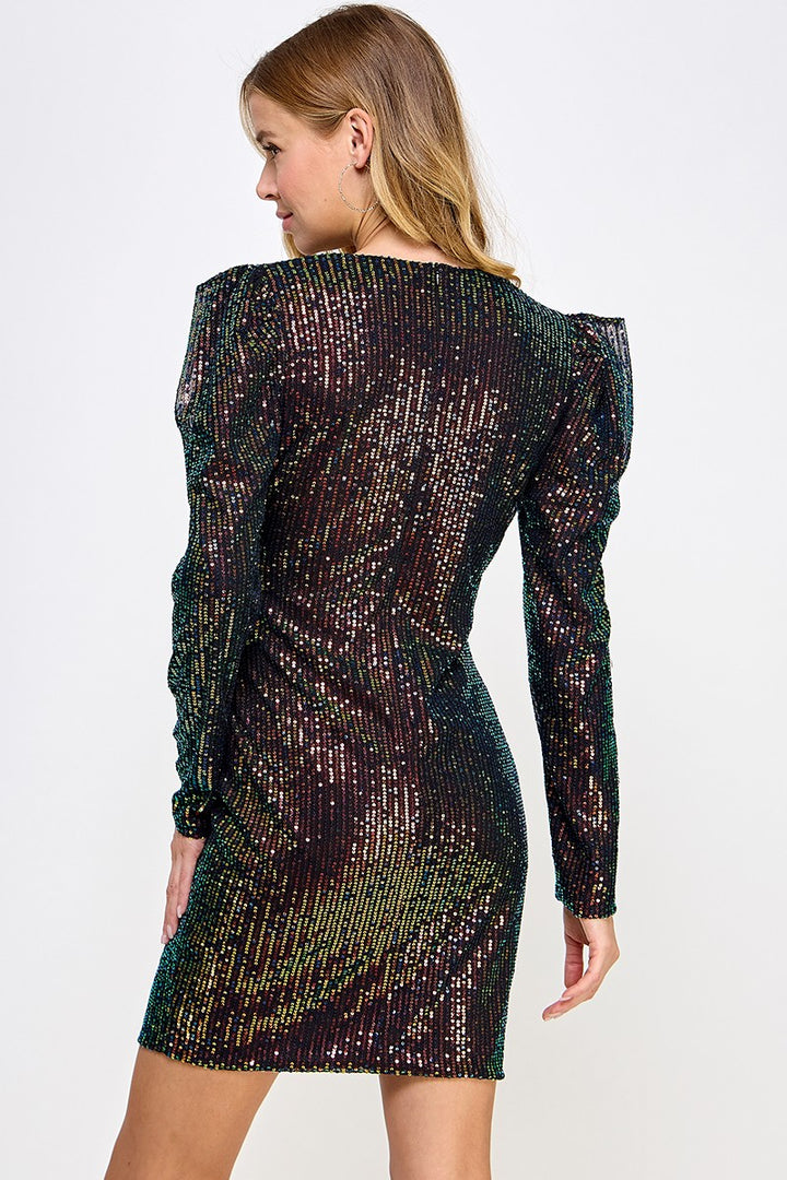 BLACK RUCHED SEQUIN LONG SLEEVES MINI DRESS AVD51898W