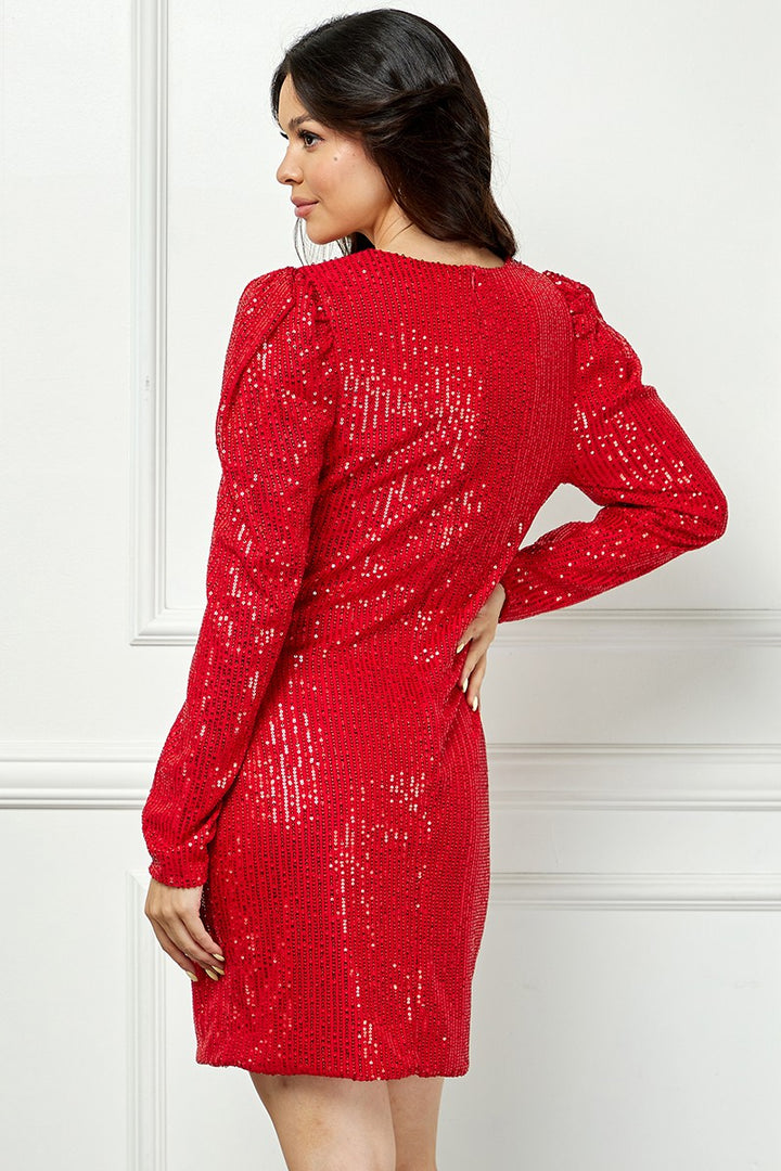 RED RUCHED SEQUIN LONG SLEEVES MINI DRESS AVD51898W