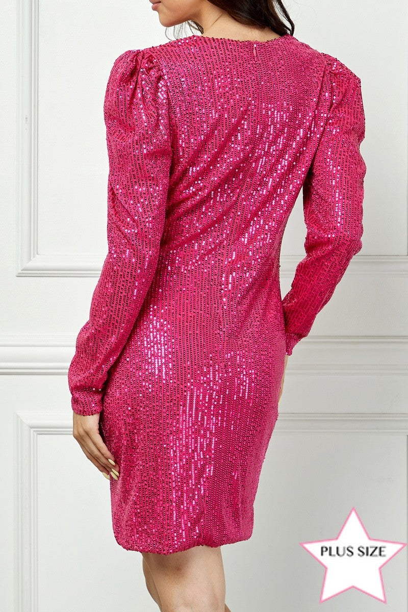 FUCHSIA RUCHED SEQUIN LONG SLEEVES PLUS SIZE MINI DRESS AVD51898WX