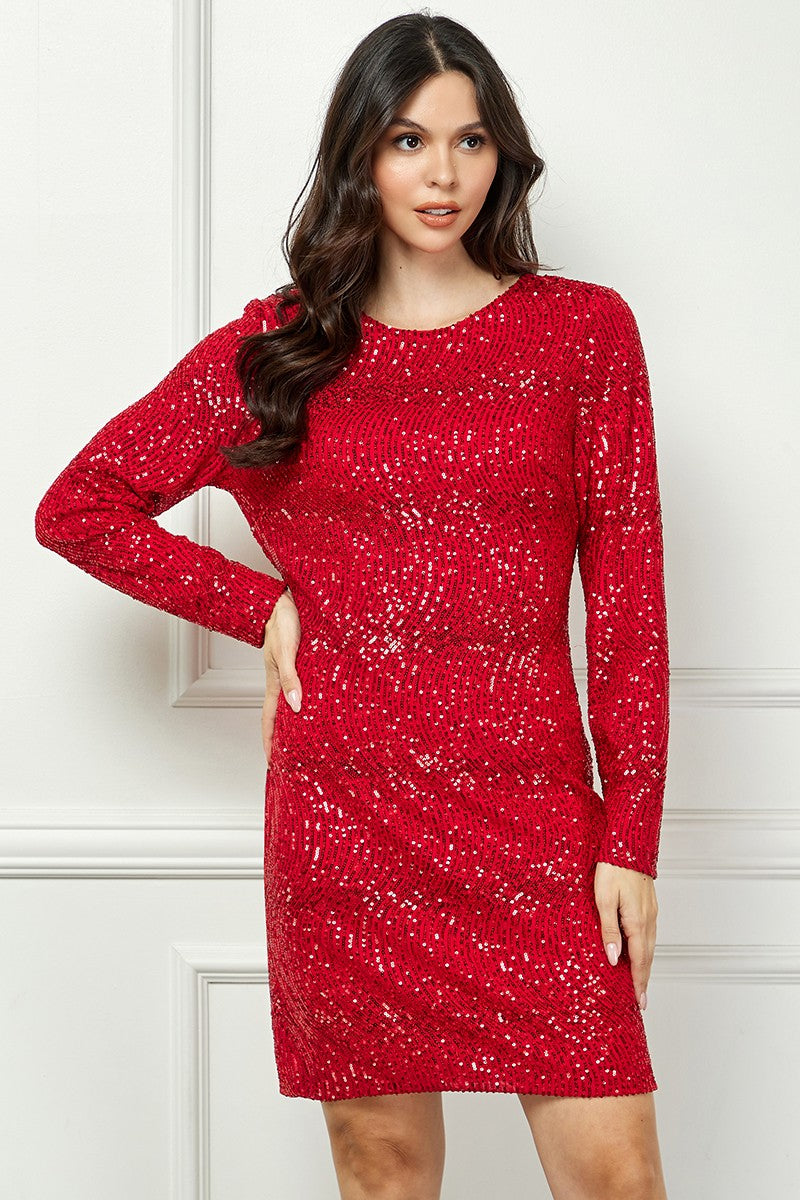 RED SEQUIN LONG SLEEVES ZIP CLOSURE MINI DRESS AVD51916W