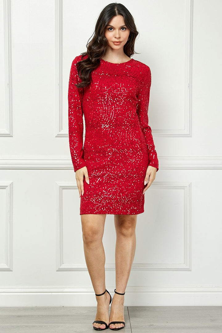 RED SEQUIN LONG SLEEVES ZIP CLOSURE MINI DRESS AVD51916W