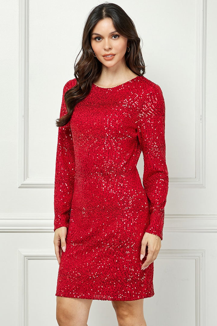 RED SEQUIN LONG SLEEVES ZIP CLOSURE MINI DRESS AVD51916W