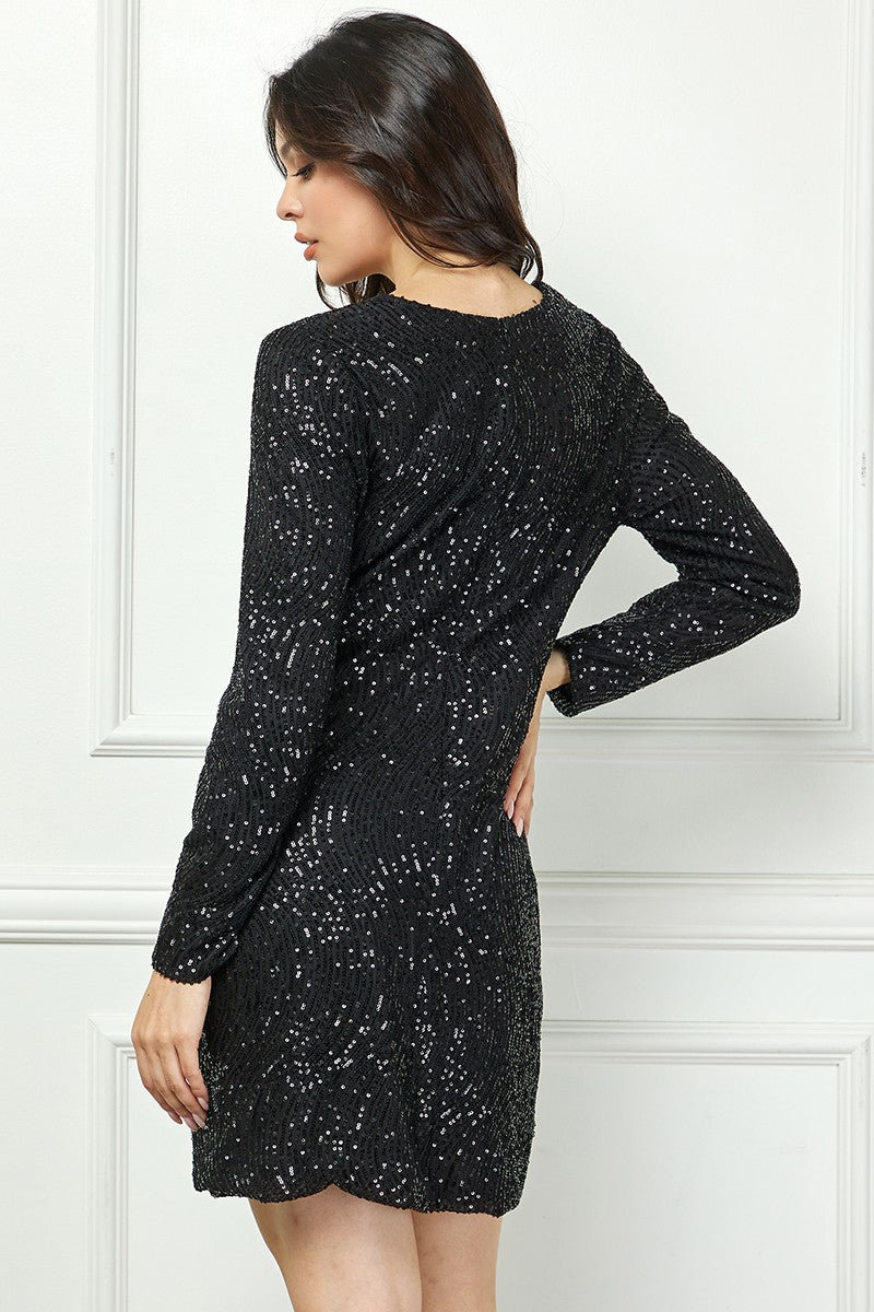 BLACK SEQUIN LONG SLEEVES ZIP CLOSURE MINI DRESS AVD51916W