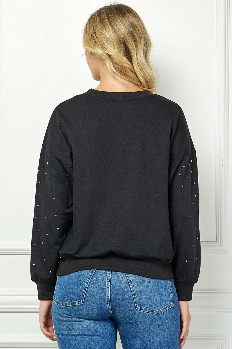 BLACK RHINESTONE DETAILED LONG SLEEVES KNIT SWEATER AVT10609K