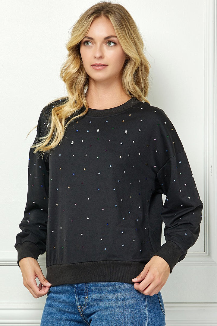 BLACK RHINESTONE DETAILED LONG SLEEVES KNIT SWEATER AVT10609K