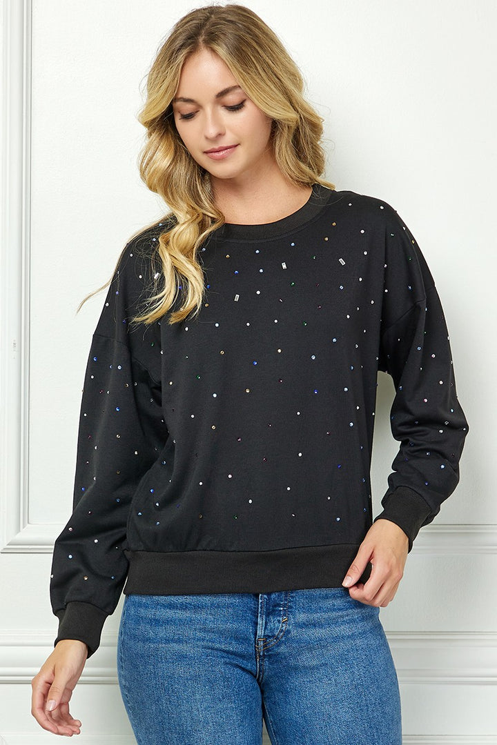 BLACK RHINESTONE DETAILED LONG SLEEVES KNIT SWEATER AVT10609K