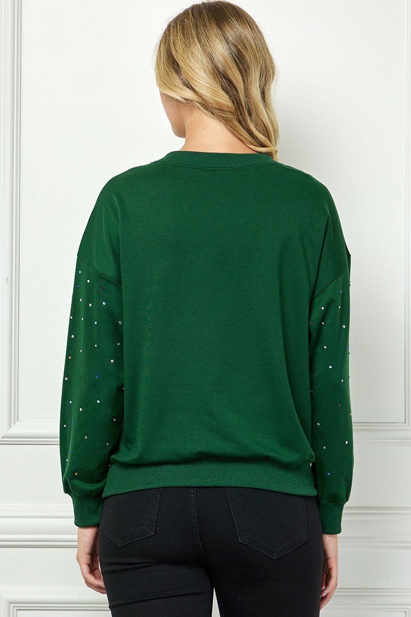 HUNTER GREEN RHINESTONE DETAILED LONG SLEEVES KNIT SWEATER AVT10609K