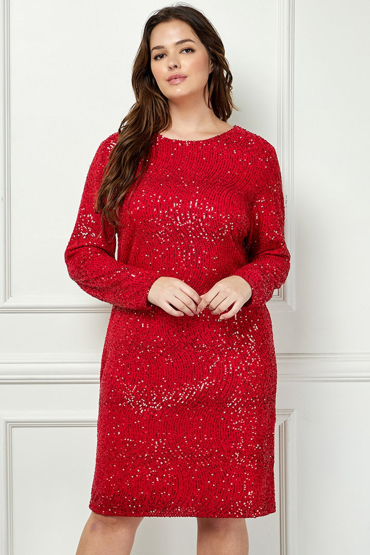 RED SEQUIN LONG SLEEVES ZIP CLOSURE PLUS SIZE MINI DRESS AVD51916WX