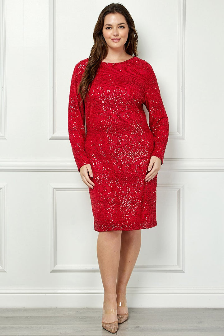 RED SEQUIN LONG SLEEVES ZIP CLOSURE PLUS SIZE MINI DRESS AVD51916WX