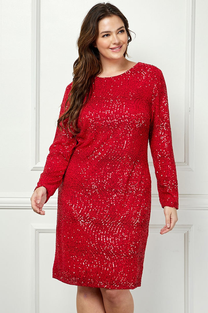 RED SEQUIN LONG SLEEVES ZIP CLOSURE PLUS SIZE MINI DRESS AVD51916WX