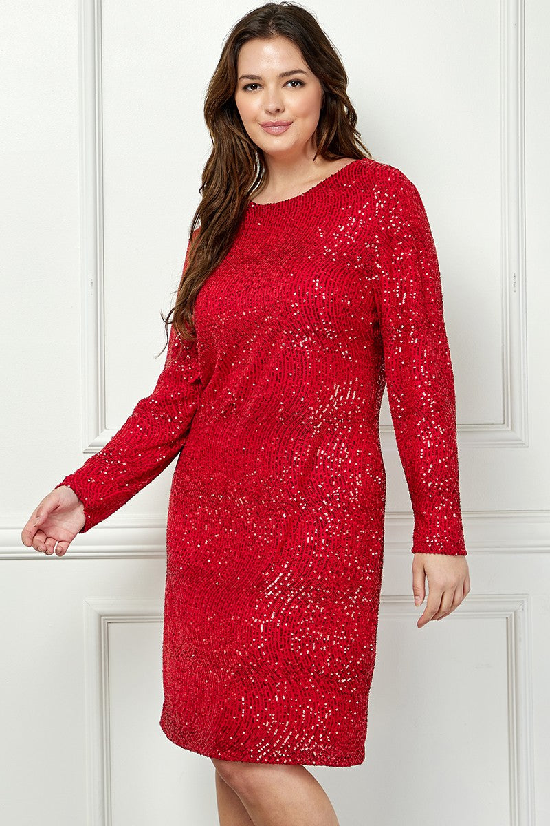 RED SEQUIN LONG SLEEVES ZIP CLOSURE PLUS SIZE MINI DRESS AVD51916WX