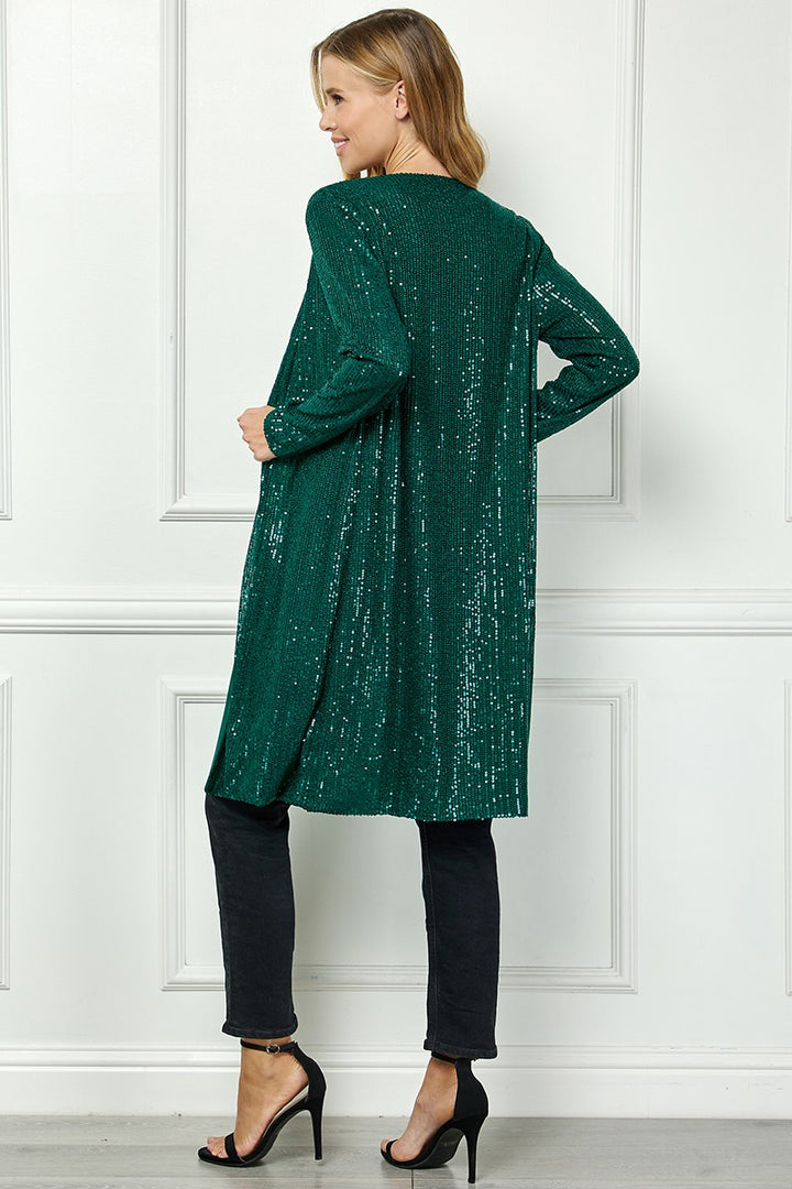 HUNTER GREEN SEQUIN OPEN FRONT LONG SLEEVES CARDIGAN AVC51913W