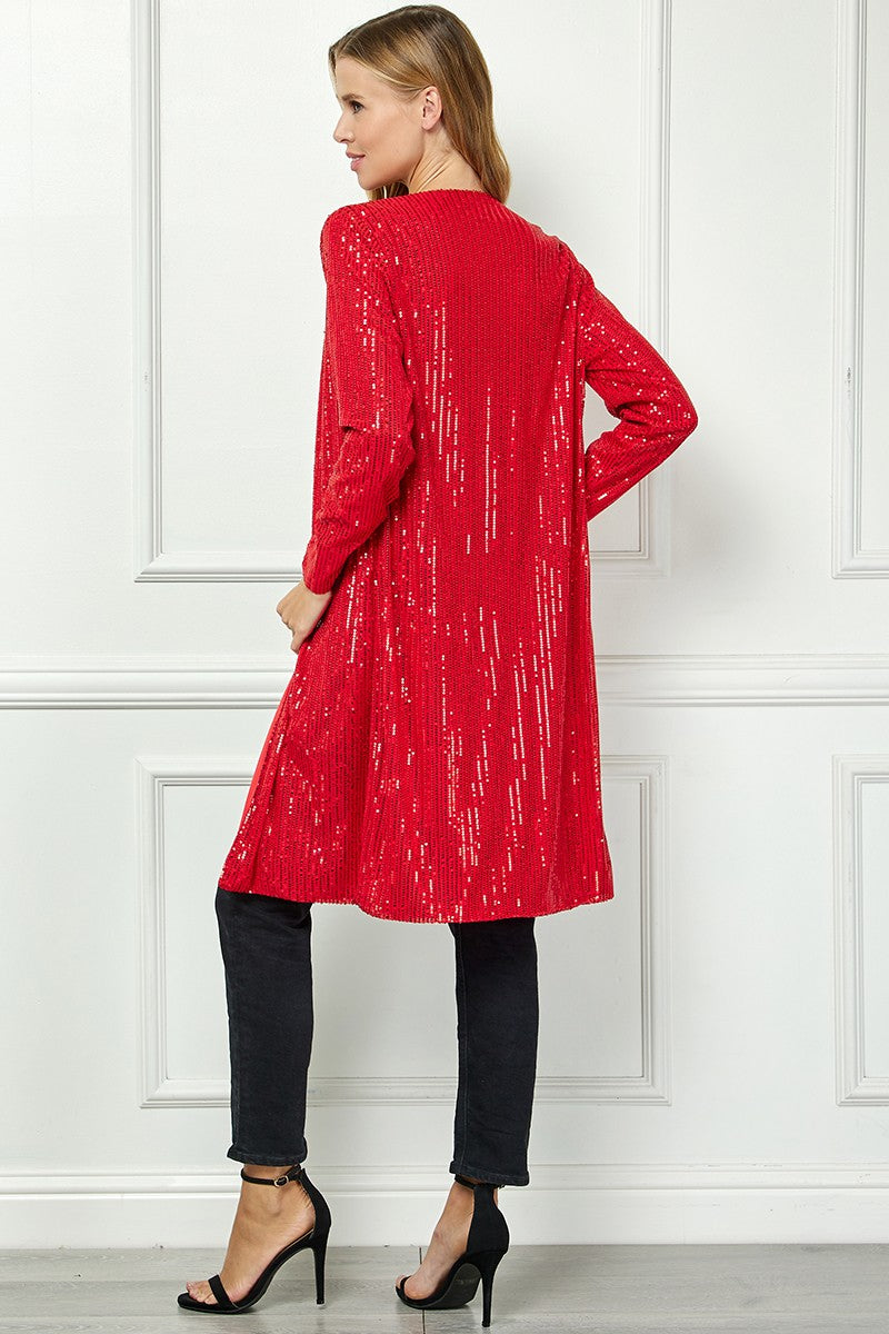 RED SEQUIN OPEN FRONT LONG SLEEVES CARDIGAN AVC51913W