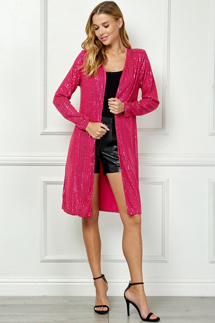 MAGENTA SEQUIN OPEN FRONT LONG SLEEVES CARDIGAN AVC51913W