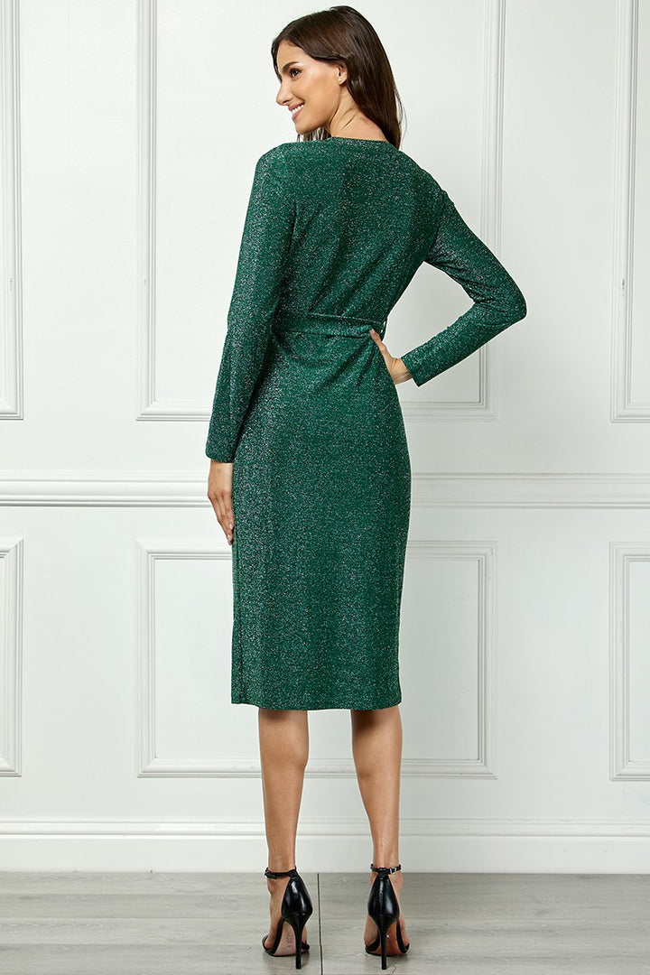 GREEN V-NECK LONG SLEEVES SELF-TIE WAIST KNIT MIDI DRESS AVD51163K