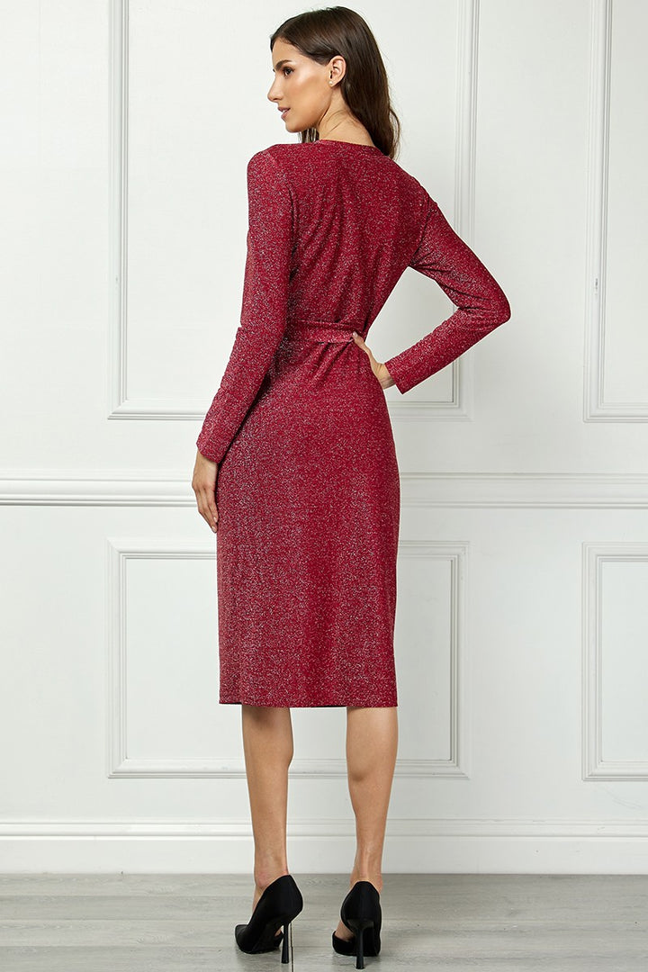 RED V-NECK LONG SLEEVES SELF-TIE WAIST KNIT MIDI DRESS AVD51163K