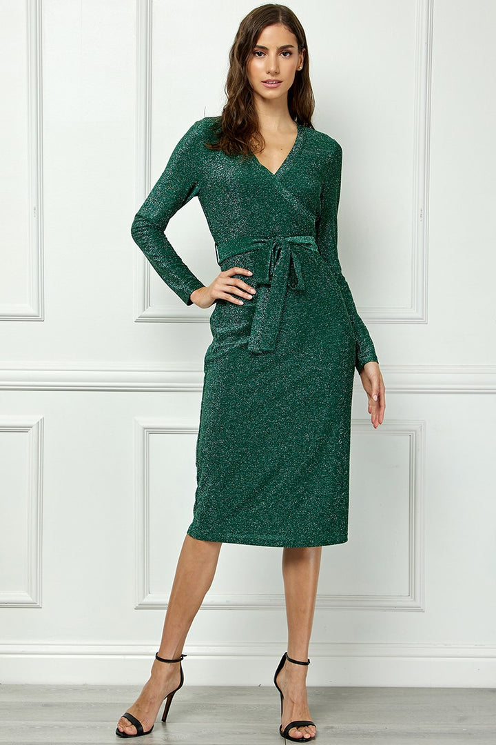 GREEN V-NECK LONG SLEEVES SELF-TIE WAIST KNIT MIDI DRESS AVD51163K