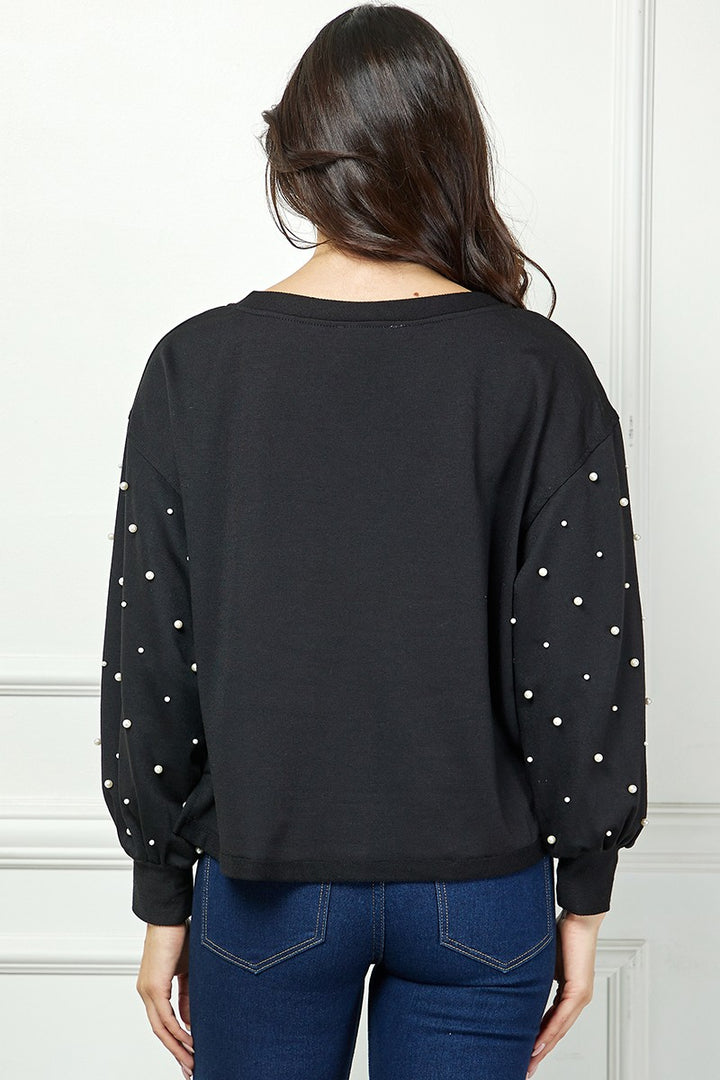 BLACK LONG SLEEVES FAUX PEARL DETAILED KNIT TOP AVT10610K