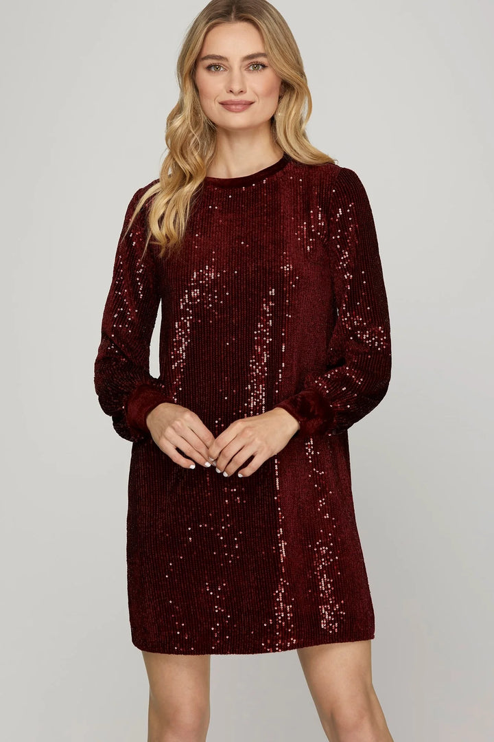 WINE SEQUIN ROUND NECK VELVET CONTRAST MINI DRESS SSY7835