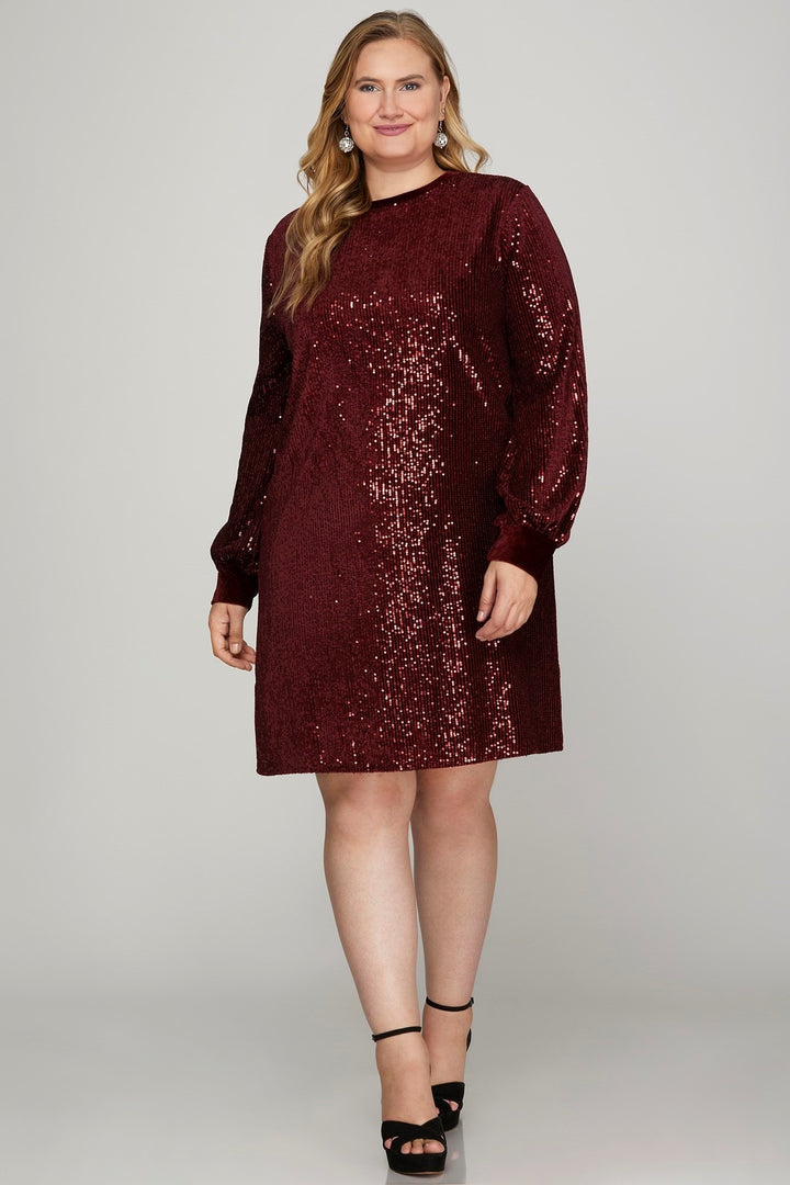 WINE GREY SEQUIN ROUND NECK VELVET CONTRAST PLUS SIZE MINI DRESS SPSY7835