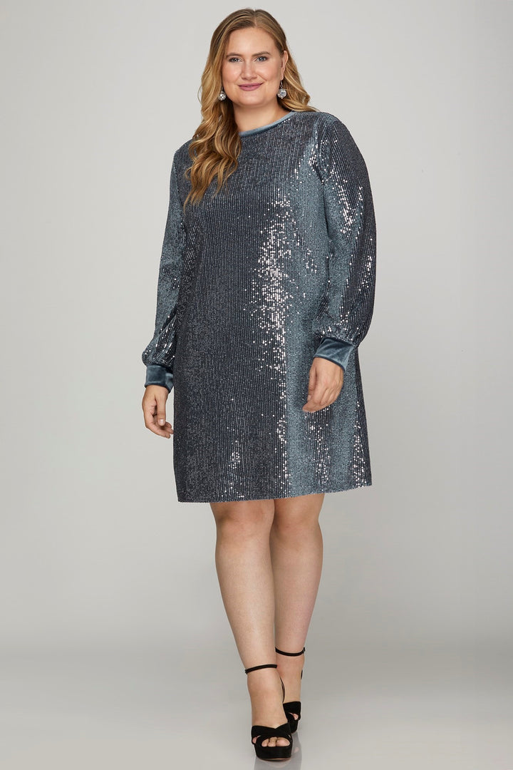 BLUE GREY SEQUIN ROUND NECK VELVET CONTRAST PLUS SIZE MINI DRESS SPSY7835