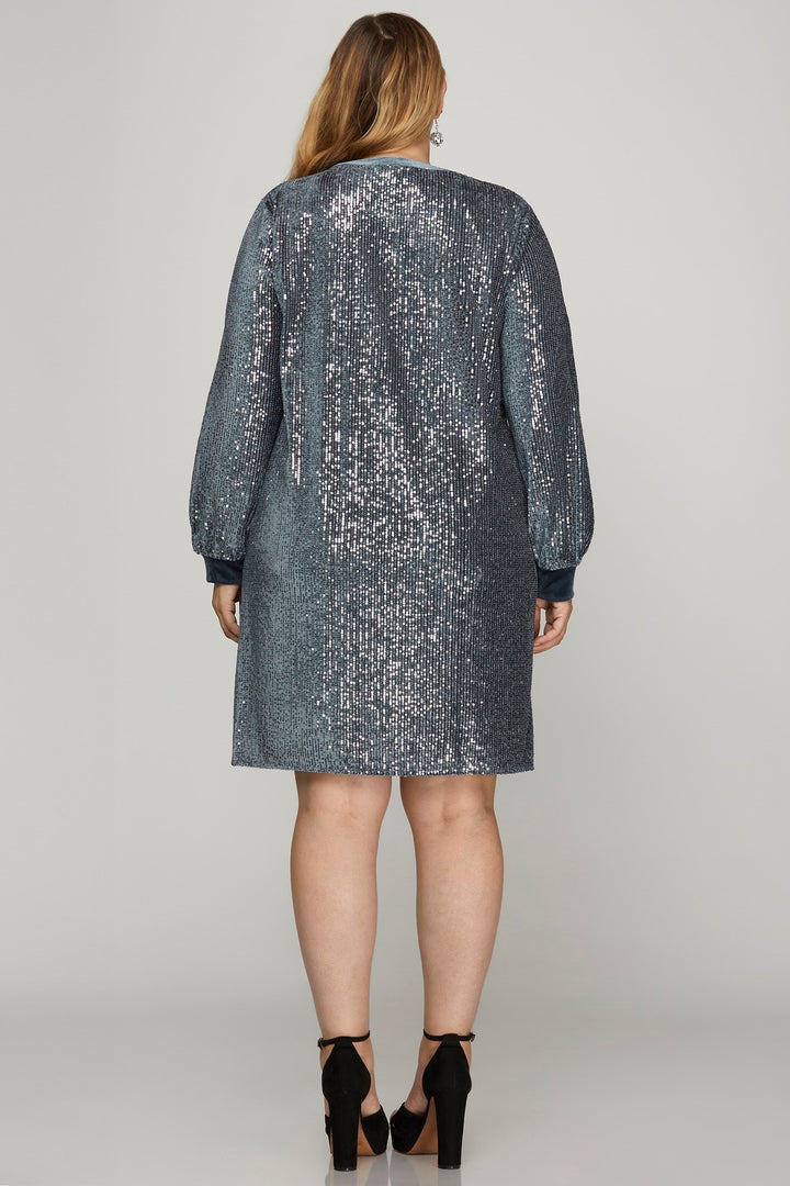 BLUE GREY SEQUIN ROUND NECK VELVET CONTRAST PLUS SIZE MINI DRESS SPSY7835