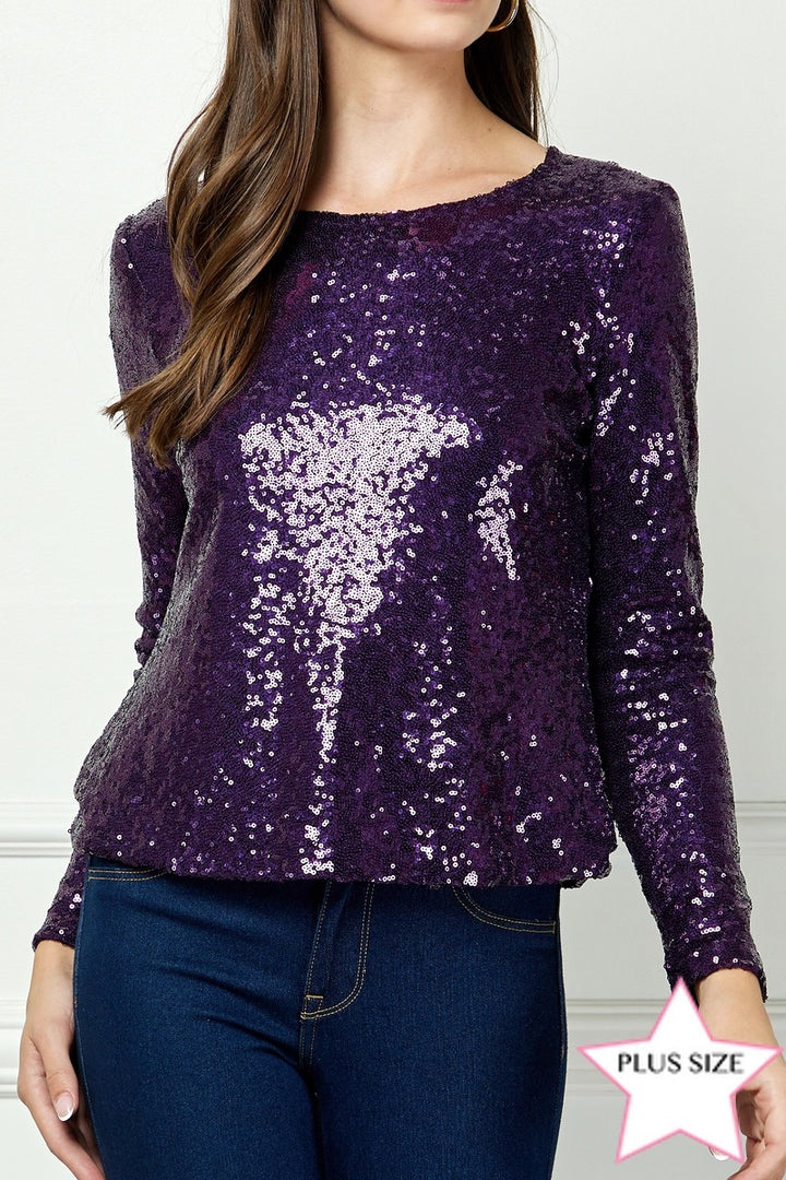 PLUM SEQUIN LONG SLEEVES PLUS SIZE TOP AVT51171WX