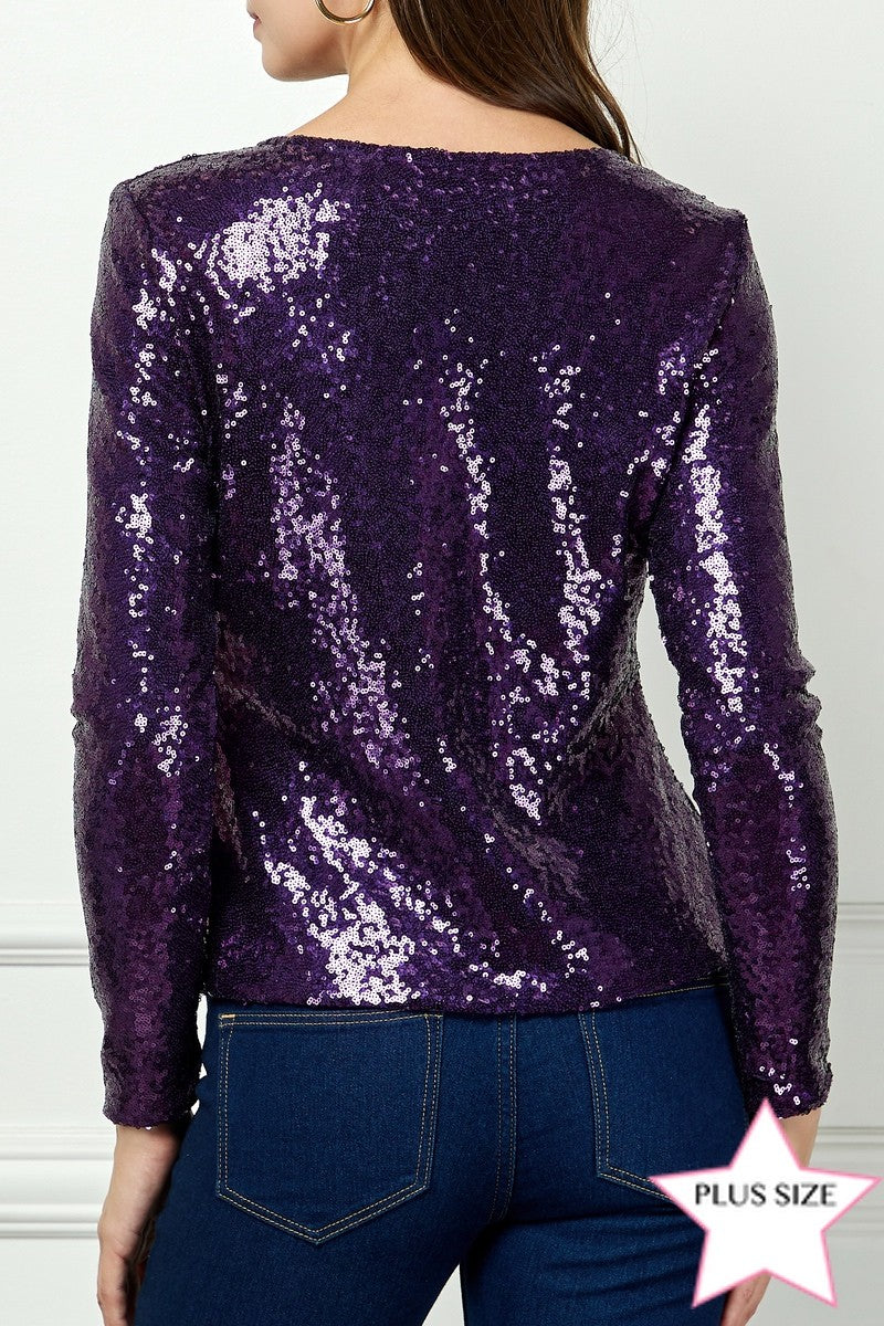 PLUM SEQUIN LONG SLEEVES PLUS SIZE TOP AVT51171WX