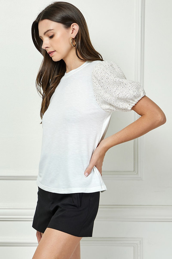 WHITE ROUND NECK SEQUIN PUFF SHORT SLEEVES DETAILED KNIT TOP AVT51169K